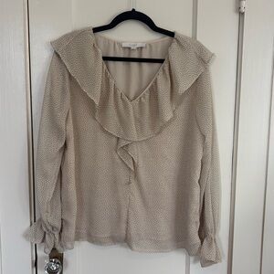 Loft Medium Cream & Black Polka Dot Ruffle Blouse